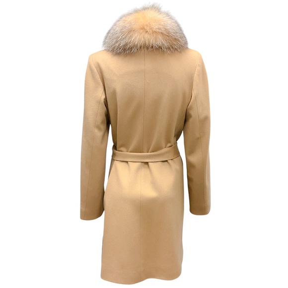 FLEURETTE CAMEL FOX FUR COLLAR WOOL WRAP COAT WITH BELT - Picture 3 of 6